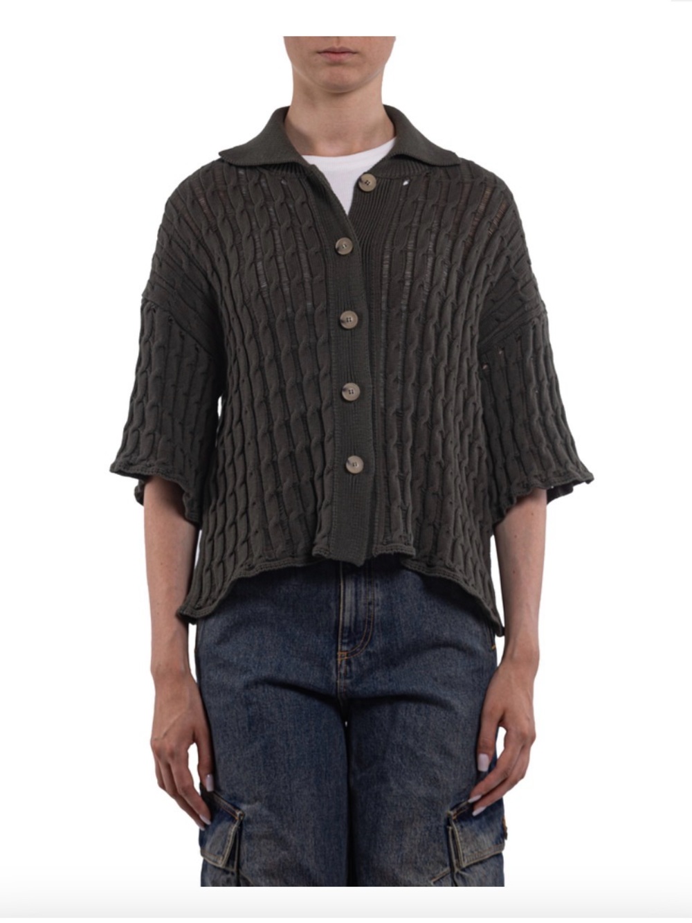 $675 Halfboy top  crafted cotton cable knit In Dark Green Sz Sm/Med Button Down